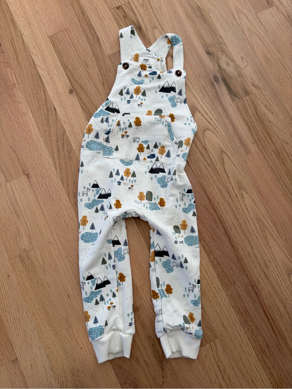 Little Sleepies White Overalls with Blue and Mustard Woodland Print